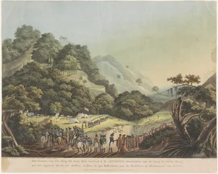 Reunião entre o Governador-Geral Janssens e o líder Xhosa Gaika, 1803
Reunião da Alta Editora. Gestr. Lord General J.W. Janssens. Governador do Cabo da Boa Esperança, com o Chefe Supremo dos Kaffirs. Gaïka, no país dos Kaffir, sobre o Katri