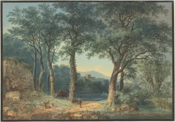 Um lago arborizado com uma villa italiana