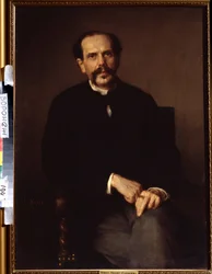 “Retrato de homem” Veste um fato preto e usa um anel de sinete no dedo. Pintura de Ludwig Knaus (1829-1910). Museu de Belas-Artes Ivan Kramskoy (ou Kramskoi) em Voronej (Voronezh), Rússia.