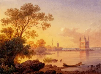 Vista sobre o pavilhão de rosas Ozerki em Peterhof