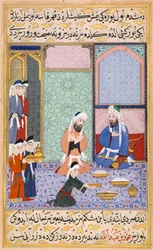 Scene de banquet du sultan ottoman Mourad III (1546-1595) (Feasting from Sultan Murad III) - Miniature extraite de "Siyer-i Nebi" (Siyer i Nebi) (La vie de Mohamed (Mahomet) poete epique ecrit par Mustafa , fils de Yusuf d