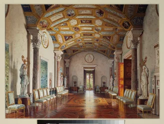 O grande salão de ágata (ágata) no grande palácio de Tsarkoye Selo. Obra de Luigi Premazzi (1814-1891), aquarela sobre papel