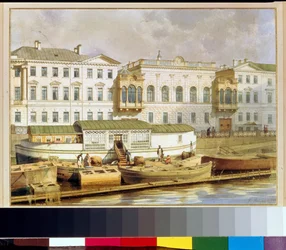O Palácio Shuvalov (ou Narychkine) no rio Fontanka, São Petersburgo (Rússia) (Palácio Naryshkin no rio Fontanka) - Pintura de Ludwig (Luigi) Premazzi (1814-1891), aquarela sobre papel, meados do século XIX - Coleção particular