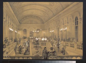 A escadaria do teatro imperial Bolshoi Kammeny, em São Petersburgo. Trabalho de Luigi Premazzi (1814-1891), aguarela e branco sobre papel, ca. 1850. Arte italiana