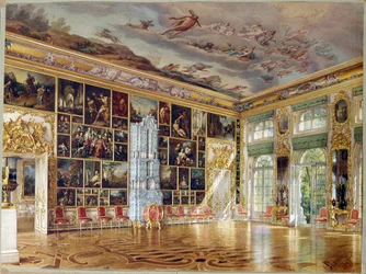 ""O Salão da Galeria de Arte no Palácio de Tsarskoye Selo"" de Ludwig (Luigi) Premazzi (1814-1891), Aquarela sobre papel