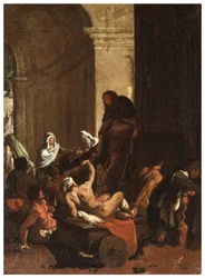 Transept Norte, Altar de San Rocco 1635, 45, Genovesino 1645, Distribuição de bens aos pobres, Pintado na parte inferior esquerda
