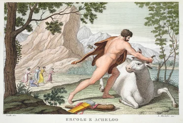 Hércules e Achelous ou Ercole e Acheloo, Livro IX, ilustração de Metamorfoses de Ovídio, Florença, 1832 (gravura colorida à mão)