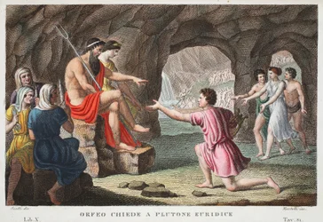 Orfeu no inferno ou Orfeo Chiede um Eurídice Plutone, Livro X, ilustração de Metamorfoses de Ovídio, Florença, 1832 (gravura colorida à mão)