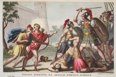 Paris mata Aquiles ou Paride diretto da Apollo Ferince Achille, livro XIII, ilustração de Metamorfoses de Ovídio, Florença, 1832 (gravura colorida à mão)