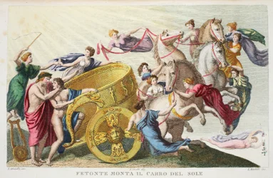 Phaeton conduz a Carruagem do Sol ou Fetonte Monta Il Carro del Sole, Livro II, ilustração de Metamorfoses de Ovídio, Florença, 1832 (gravura colorida à mão)