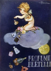 Publicidade para fragrâncias Bertelli. Ilustração de Brisi (Busi).