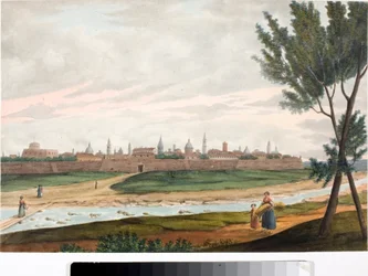 Vista de uma cidade murada, provavelmente Lucca na Toscana (Tinta e aguarela, ca. 1820)