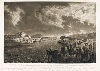 Vista da ponte Pila em Génova, após a inundação da torrente Bisagno em 26/10/1822 (Etching, c.1822)