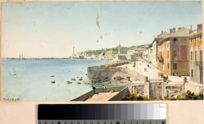 Vista do porto de Génova com a Lanterna, farol da cidade, baluartes e a igreja San Teodoro (aguarela