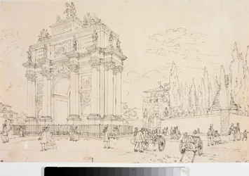 Vista do arco triunfal em Porta san Gallo, Florença ( Desenho, ca. 1825)