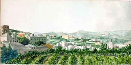 Vista sobre a cidade de Génova com o campanário de Santo Stefano (aguarela, ca. 1825)