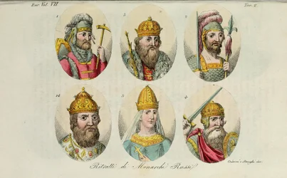 1. Rurik 2. Igor de Kiev 3. Olga 4. Sviatoslav 5. Vladimir, o Grande 14. Ivan IV do traje antigo de Giulio Ferrario, 1831