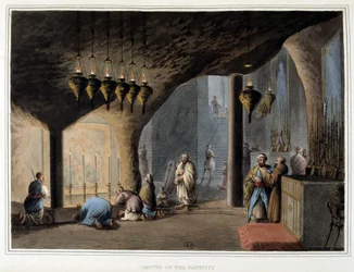Caverna do nativite em Belém - em "Views in the ottoman dominions in Europe, Asia..." de Luigi Mayer, Londres