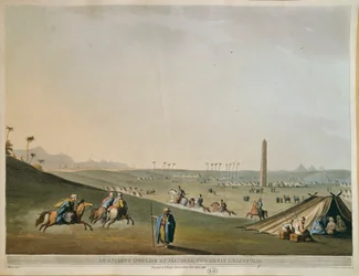 Egipto, Nómadas e o obelisco em Materieh (Old Heliopolis, ou a Cidade do Sol) de Luigi Mayer, gravando