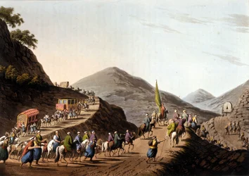 Êxodo nas estradas das montanhas dos Balcãs - em "Views in the Ottoman Dominions, in Europe, in Asia, and some of the Mediterranean islands" a partir dos desenhos originais de Luigi Mayer, Londres