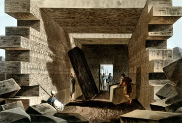 Dentro do templo de Júpiter Ammon, na Líbia. Em "Views in the Ottoman Dominions, in Europe, in Asia, and some of the mediterranean islands from the original drawings taken by Luigi Mayer", Londres 1810.