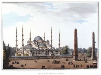 Mosquee do Sultão Ahmed (1609-1616), Istambul. em "Views in the Ottoman Dominions, in Europe, in Asia, and some of the Mediterranean islands" dos desenhos originais tirados por Luigi Mayer, Londres