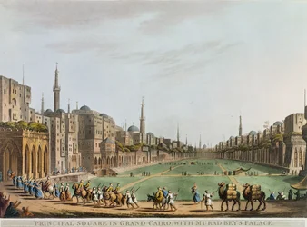 Principal Square em Grand Cairo, com Murad Bey&39;s Palace, prato 27 de &39;Views in Egypt&39;, gravado por Thomas Milton (1743-1827) pub. por Robert Bowyer (1758-1834) 1801 (aquatinta)