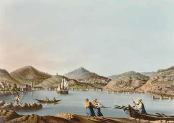 O porto ocidental da ilha de Samos, placa 60 de vistas nos domínios otomanos, bar. por R. Bowyer, 1810 (aquatinta)