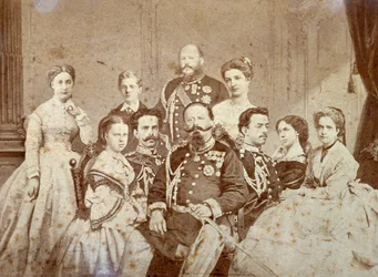 A imagem retrata vários membros da família real de Saboia. Ao centro, sentados, Victor Emmanuel II, Umberto I e Amedeo em traje completo; as filhas do soberano e Elisabetta da Saxónia em trajes elegantes. Em segundo plano, ao fundo