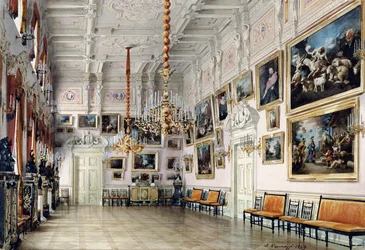 O salão de dança na Casa do Conde Bezborodko, São Petersburgo, 1849 (caneta, pincel, wc, tinta e cor branca sobre papel, 1849 (caneta, pincel, wc, tinta e cor branca sobre papel)