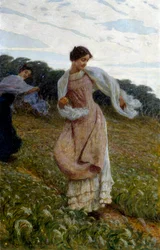 "Brisa. Duas mulheres num campo estão a brincar e a desfrutar do seu calor, que sopra com o vento. Pintura de Luigi Rossi (1853-1923), cerca de 1910-1912. Óleo sobre tela. Coleção particular.