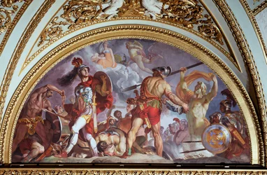 A Ilíada de Homere: "Ajax aperta para atirar uma pedra a Hector, nos céus Júpiter dorme nos braços de Juno" (Ilíada de Homero: luta entre Hector e Ajax, Ajax atira uma pedra a Hector, no momento em que Júpiter dorme com Junon) Pintura de Luigi Sabatel