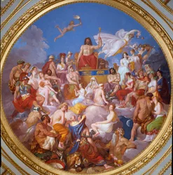 O conselho dos deuses (ou assembleia dos deuses): Zeus no Olimpo rodeado de divindades. Estão representados de cima para baixo e à esquerda: Ganimedes, Atena, Poseidon, Hermes, Hefesto, Afrodite, Eros, as 3 Cárites, Dioniso e Ares. Ao centro
