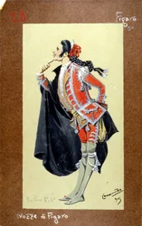 Representação do personagem de Figaro, "O Casamento de Figaro" (Nozze di Figaro) de Wolfgang Amadeus Mozart de 1786. Traje de Luigi Sapelli Caramba (1865-1936)