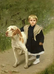 Criança e um cachorro grande
