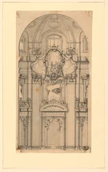 Elevação de uma decoração de parede para uma cerimônia de canonização, São Pedro, Roma, Itália