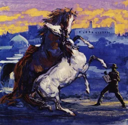 Delacroix viu dois garanhões selvagens a lutar e, sem se preocupar com o risco, desenhou a cena (litografia a cores)