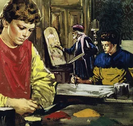 Jan e o seu irmão Herbert Van Eyck começaram a sua vida como aprendizes de um pintor local (litografia a cores)