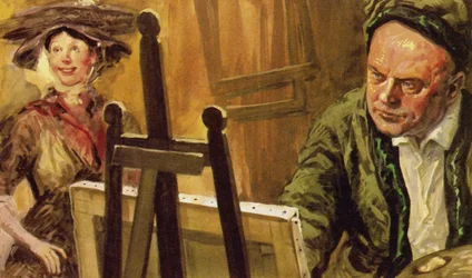 William Hogarth pintando o retrato da Rapariga Camarão (litografia a cores)