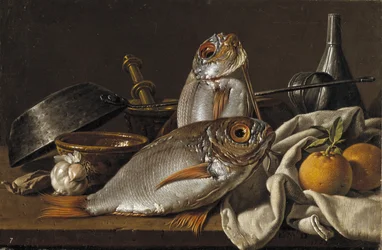 Natureza morta com douradas, laranjas, alho e utensílios de cozinha, 1772