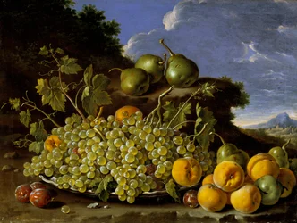 Ainda vida com prato de uvas, pêssegos, peras e ameixas em uma paisagem, c.1771