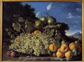 Uvas, pêras, pêssegos e ameixas Pintura de Luis Melendez (1716-1780)