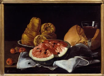 Pasteco, pão, bolo e taça de vinho. Pintura de Luis Melendez (1716 - 1780), escola de espanhol