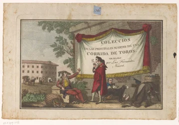 Impressão do título com toureiros e uma pele de touro Coleccion de las principales suertes de una corrida de toros (título da série no objeto) Colecção das manobras tauromáquicas mais importantes (título da série)