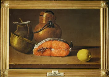 Natureza-morta com um pedaço de salmão, um limão e três vasos (pintura sobre tela)