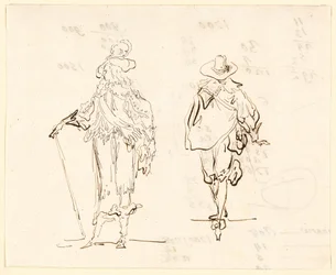 Duas figuras, uma vestida ao estilo francês Luís XIII e a outra ao estilo espanhol do século XVII