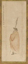 Homem em pé de casaco vermelho, dinastia Qing, século XVIII .