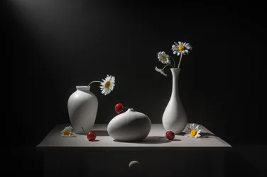 Margaridas, vasos e cerejas