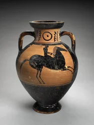 Ânfora de pescoço em figura negra com dois cavaleiros, 560-540 a.C. (terracota)