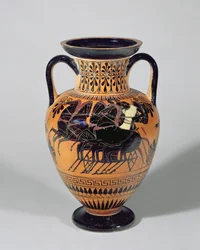 Ânfora ática de figuras negras, representando uma carruagem com rodas, 520-500 aC (argila)